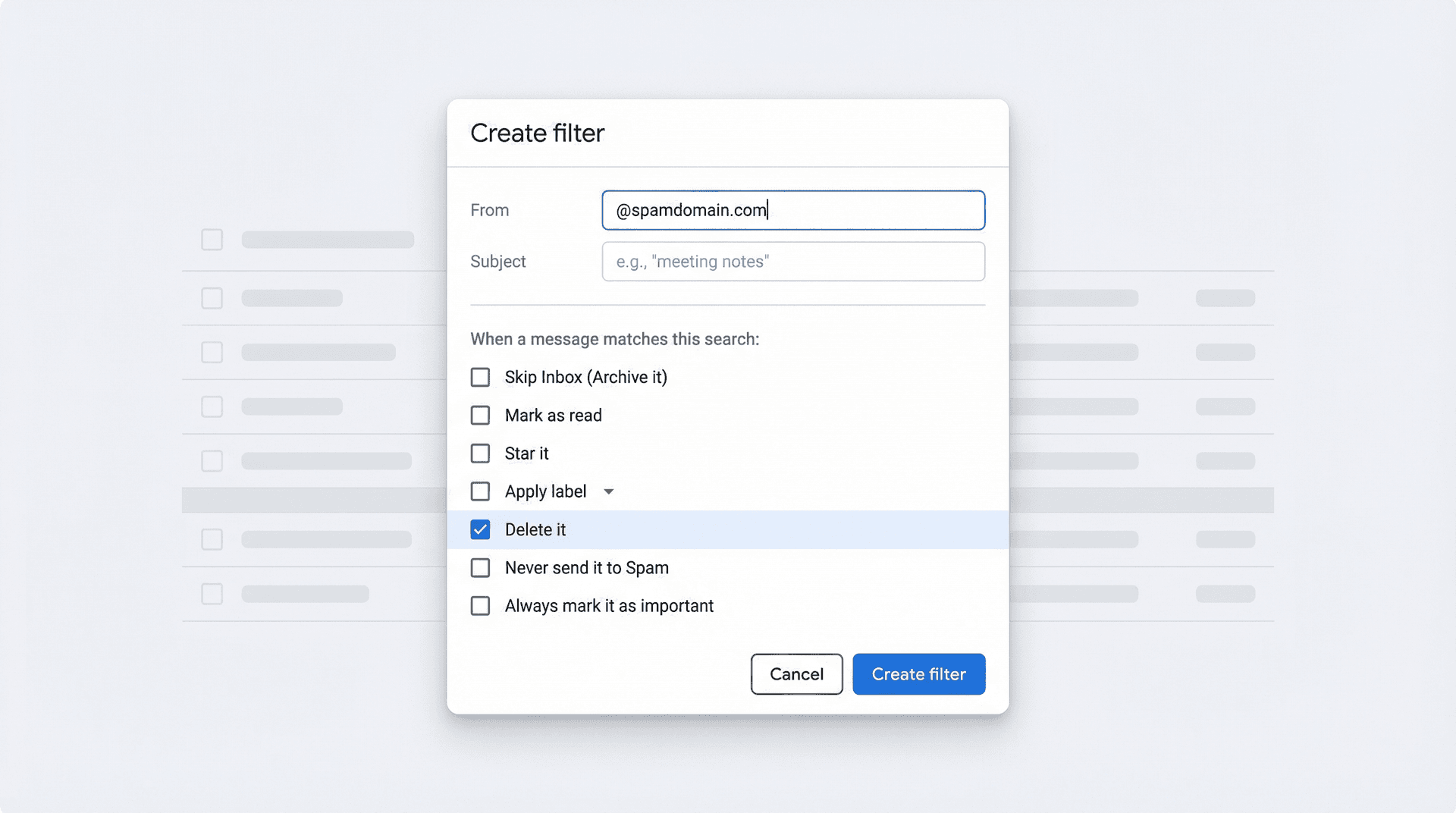 Gmail filter creation dialog showing From field with @spamdomain.com and Delete it action selected