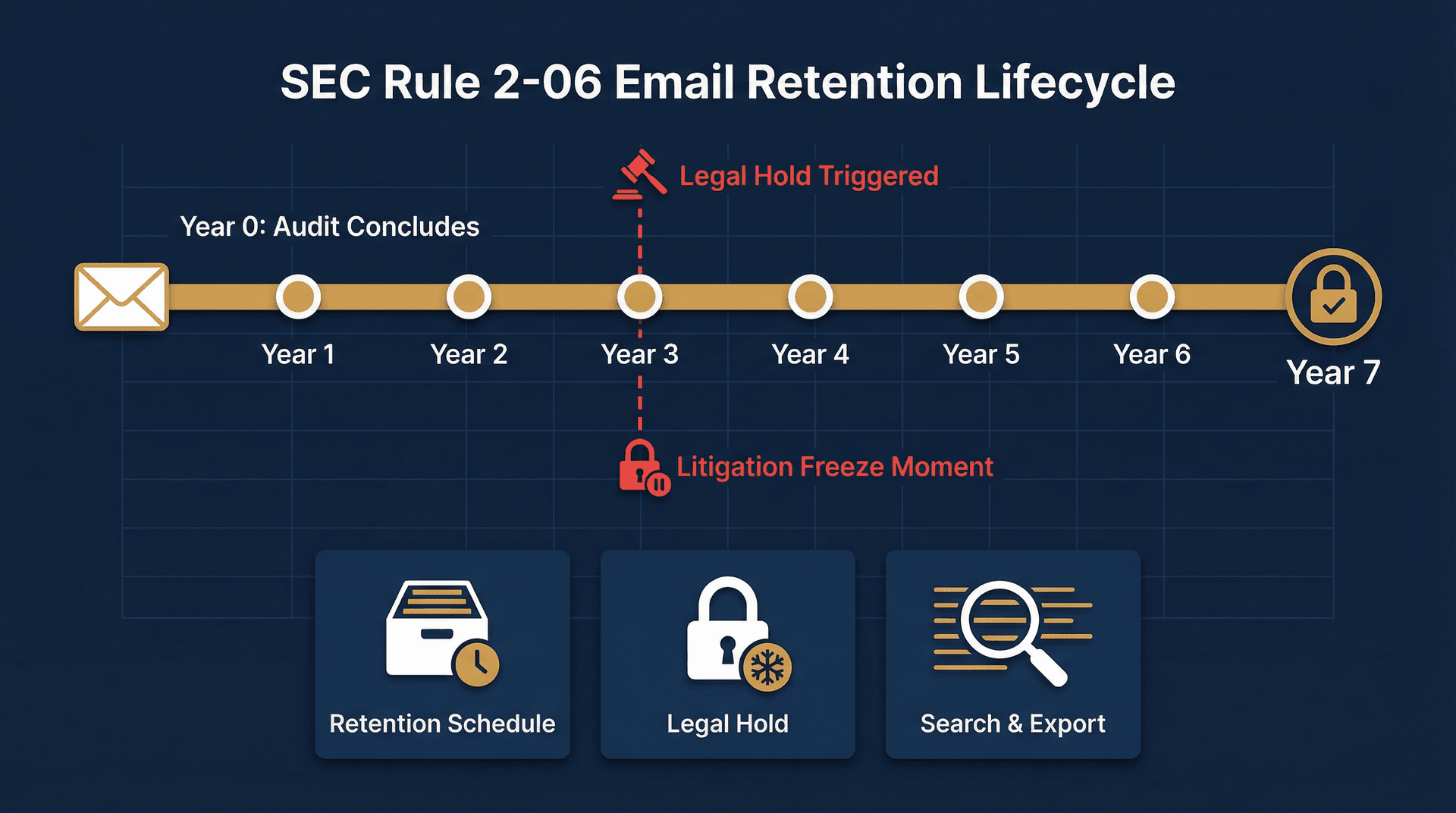 Editorial illustration of a 7-year SEC email retention timeline with legal hold trigger and audit search capability for public companies