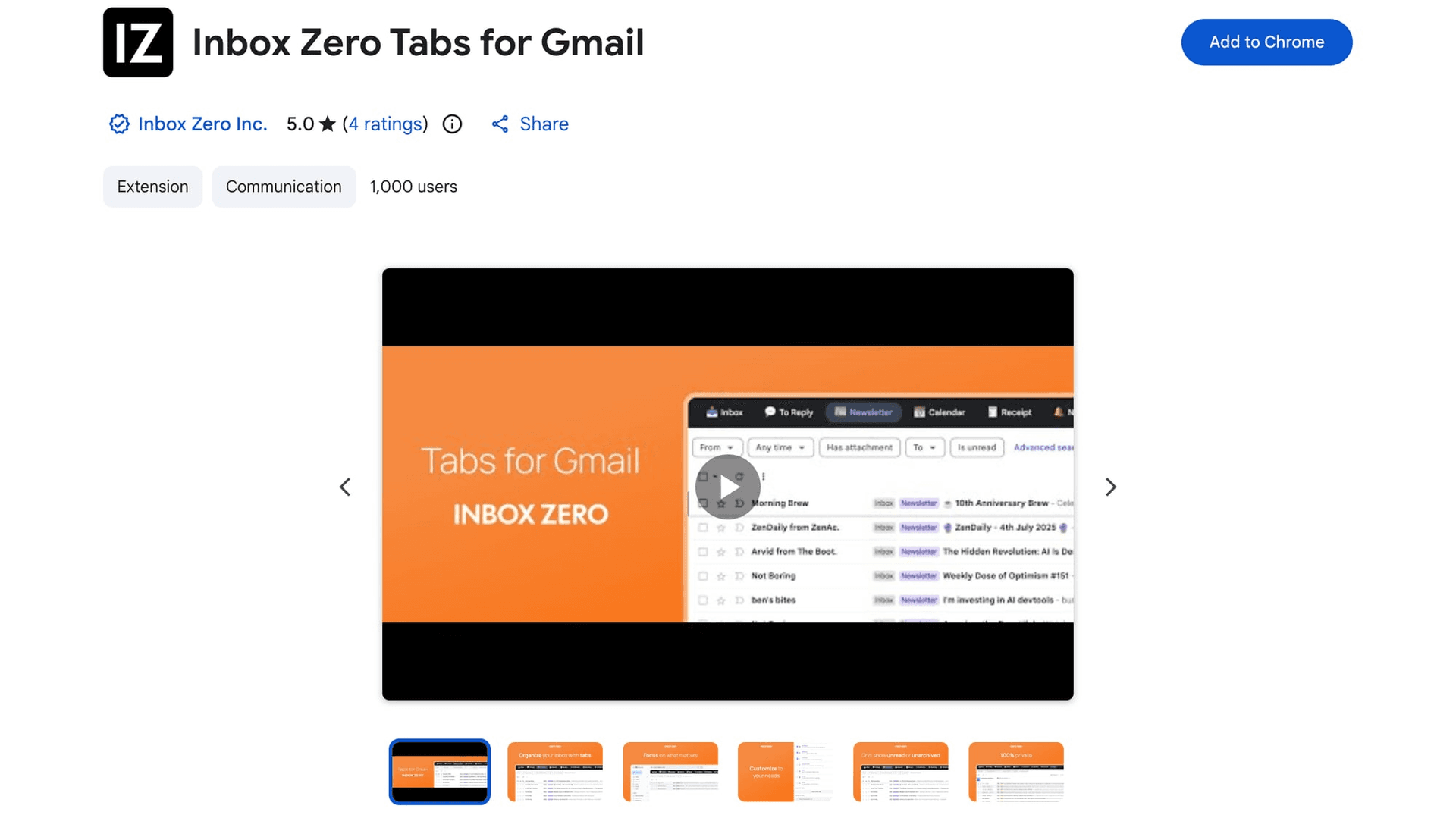 Inbox Zero Tabs for Gmail Chrome Web Store listing — 5.0 stars, 1,000 users, by Inbox Zero Inc., with no data collection declared